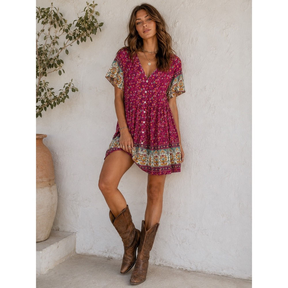 Temofon Magenta Floral Boho Button Front Babydoll Mini Dress with Pockets Size M